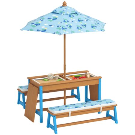 Qaba Mesa de Picnic para Niños, Mesa y Banco de Madera con Sombrilla Plegable, Cojines y Cajas Extraíbles, Tema de Dinosaurio para Patio, Azul